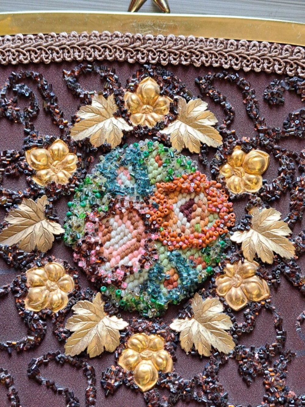 Vintage 50's Beaded Embroidered Handbag Purse Multicolor Floral Top Handle - Picture 2 of 12